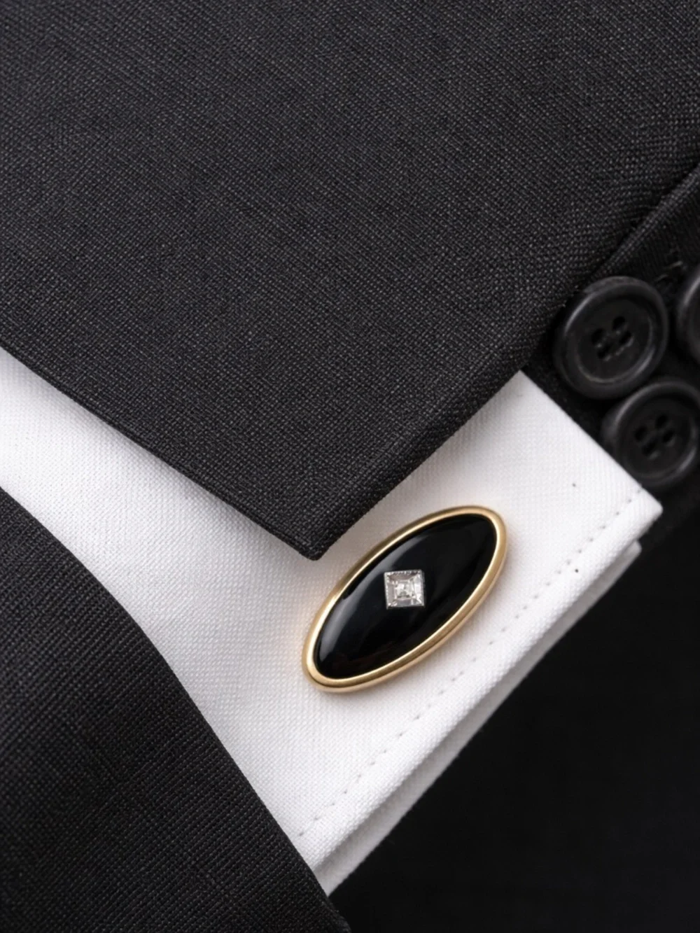 Vintage ANSON Black Onyx Crystal Cufflinks & Foster Tie Bar Set Gold Tone Tuxedo